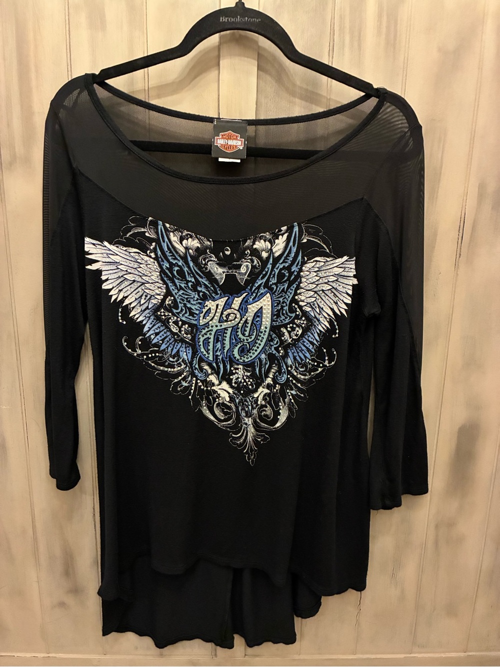 Harley-Davidson Blouse Mesh Yoke 3/4 Long Sleeve Top Blue White Wing Graphic EUC
